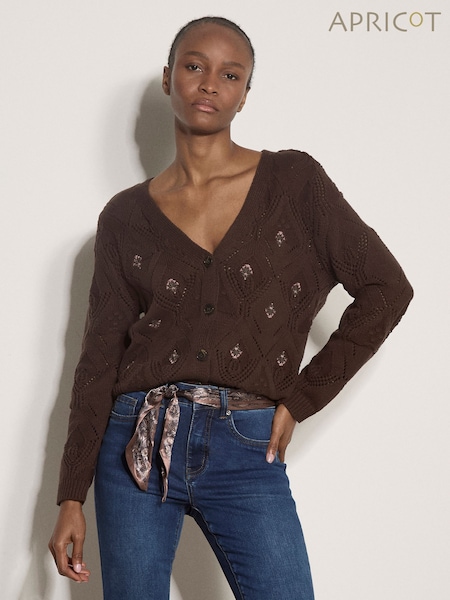 Қоңыр - Apricot Pointelle Diamond Floral Cotton-blend Cardigan