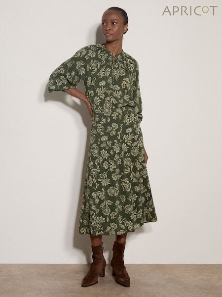 Green - Apricot Folk Floral A-line Midi Skirt