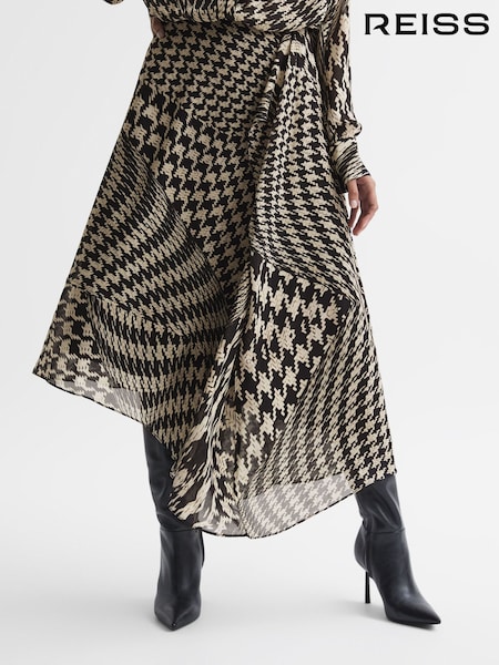 Reiss Black/White Oksana Dogtooth Asymmetric Midi Skirt (910695) | 1,455 QAR