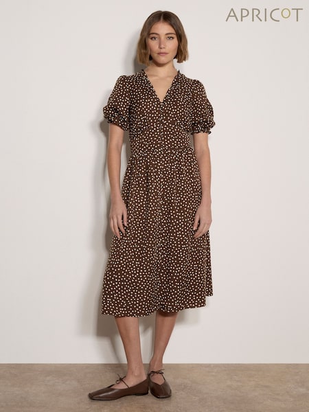 Brown - Apricot Polka Dot Ruffle Midi Dress