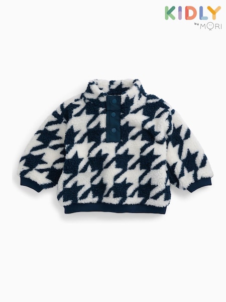 أزرق - Kidly By Mori Teal Houndstooth Soft Sherpa Fleece Jumper