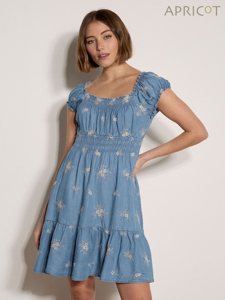 Albastru - Rochie mini din Denim cu broderie Floral, Apricot