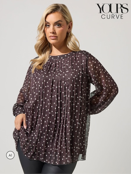 Brown - Yours Curve Pleated Polka Dot Blouse