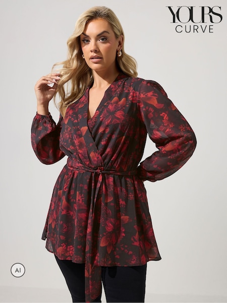 Black - Yours Curve Autumn Floral Blurred Wrap Top