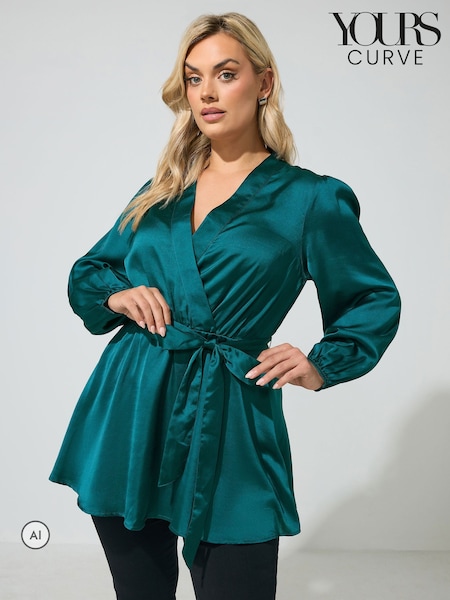 Green - Yours Curve Satin Wrap Blouse