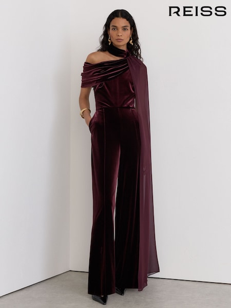 Burgunderrot - Reiss Carrie Velvet Drape-detail One-shoulder Jumpsuit