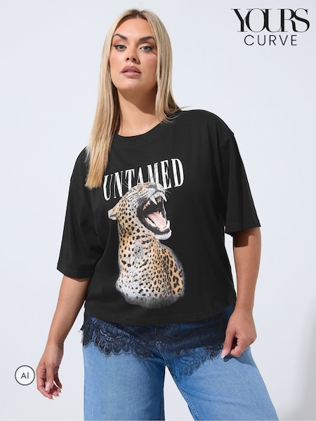 Svart - Yours Curve Limited Untamed Leopard Roar Lace Hem T-shirt