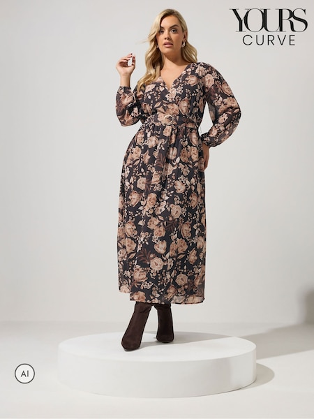Natural - Yours Curve Floral Buckle Wrap Dress