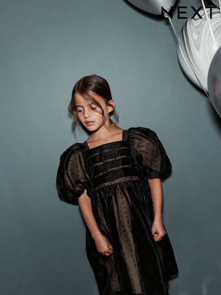 Black Dobby Mesh Volume Sleeve Square Neck Dress (3-16yrs) (912238) | € 14 - € 18