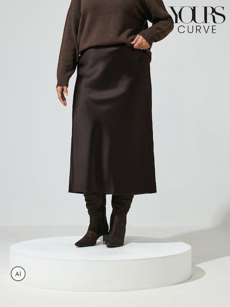 Brun - Yours Curve Bias Cut Satinskjørt