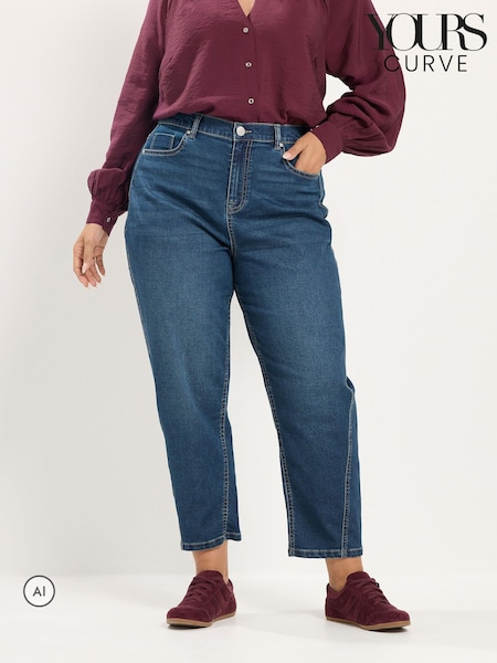 Dark Blue - Yours Curve Cotton Blend Barrel Leg Jeans