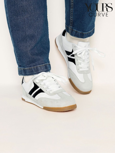 White - Yours Curve Padded Skate Side Stripe Lace Up Trainers In Extra Wide Fit