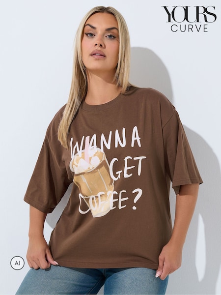 Brown - Yours Curve Limited Wanna Get Coffee T-shirt