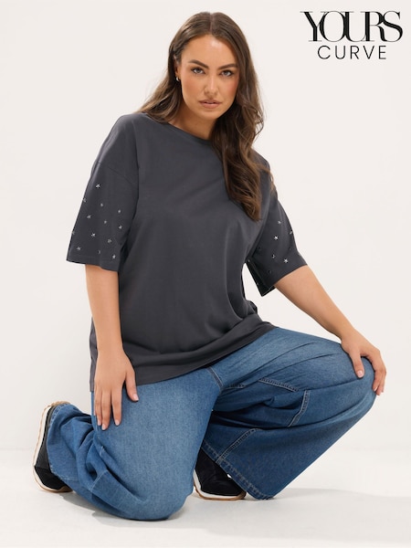 Grey - Yours Curve Star Studded Sleeve Oversized T-shirt