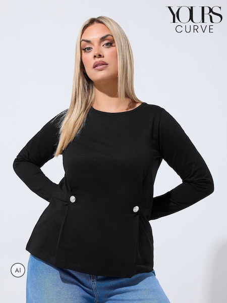 Black - Yours Curve Limited Button Waist Detail Sweatshirt