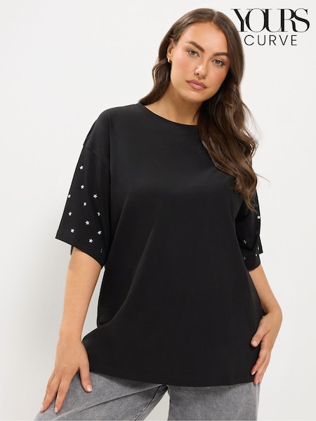 Черный - Yours Curve Star Studded Sleeve Oversized T-shirt