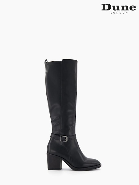 Dune London Trance Buckle Heeled Knee-High Black Boots (912828) | €63