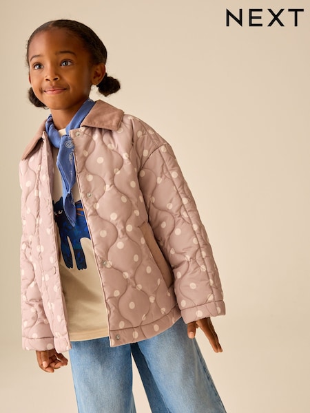 Mocha Brown Polka Dot - Shower Resistant Quilted Jacket (3-16yrs)