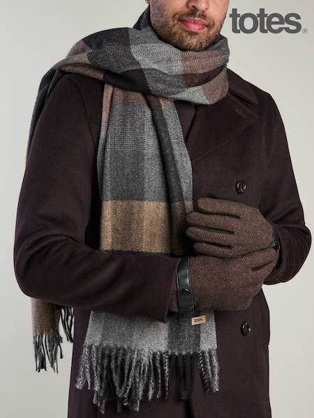 Gris - Regular Totes Woven Check Scarf & Herringbone Gloves With Smartouch