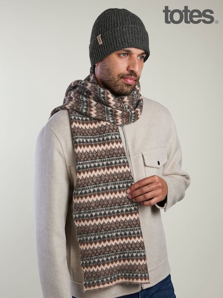 Brown - Regular Totes Fair Isle Knit Scarf & Beanie Hat Set