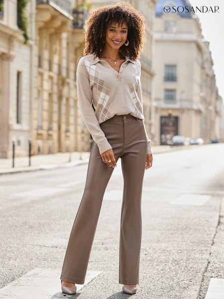 Natural - Sosandar Argyle Button Front Collared Jumper