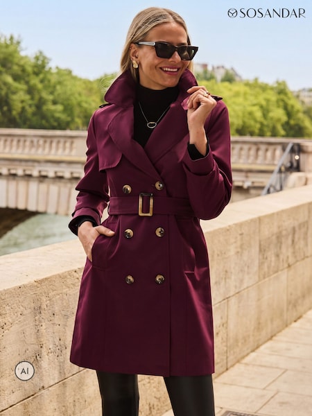 Red - Sosandar Double Breasted Trench Coat With Pockets