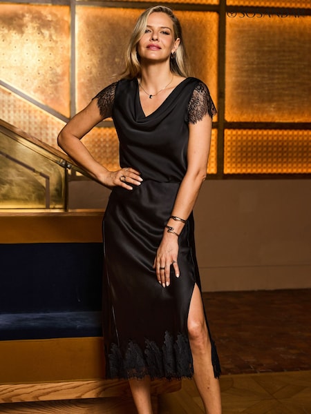 Black - Sosandar Lace Sleeve Detail Satin Cowl Neck Top