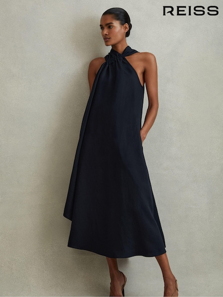 Reiss Navy Cosette Linen Blend Drape Midi Dress (913309) | 1,308 QAR