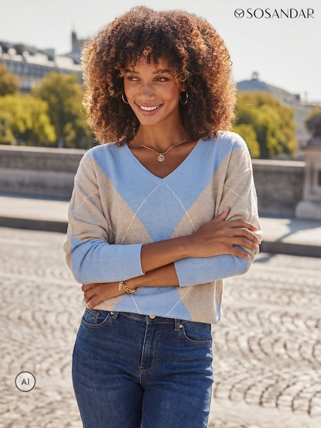 Blue - Sosandar Argyle V-neck Jumper