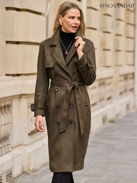 Green - Sosandar Faux Suede Longline Trench Coat