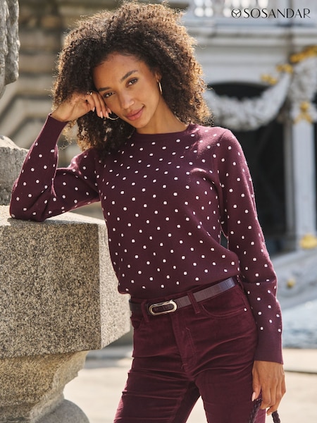 Red - Sosandar Polka Dot Print Crew Neck Jumper
