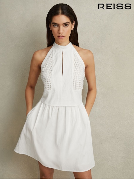 Reiss Eden Broderie Halter Neck Mini Dress With Linen (913881) | €312