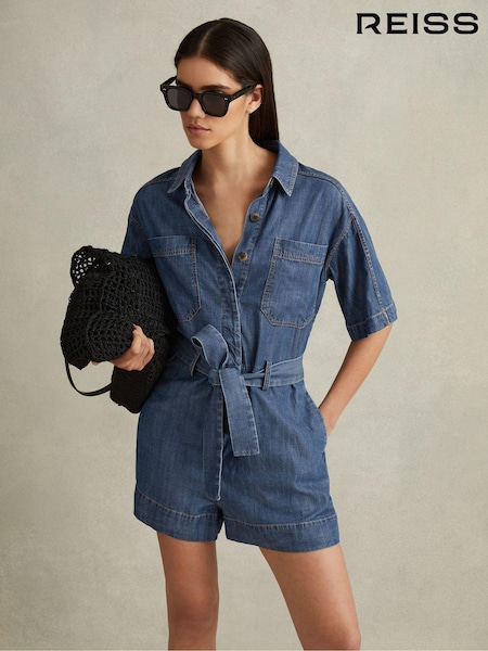Reiss Indigo Seren Denim Belted Playsuit (914336) | €145