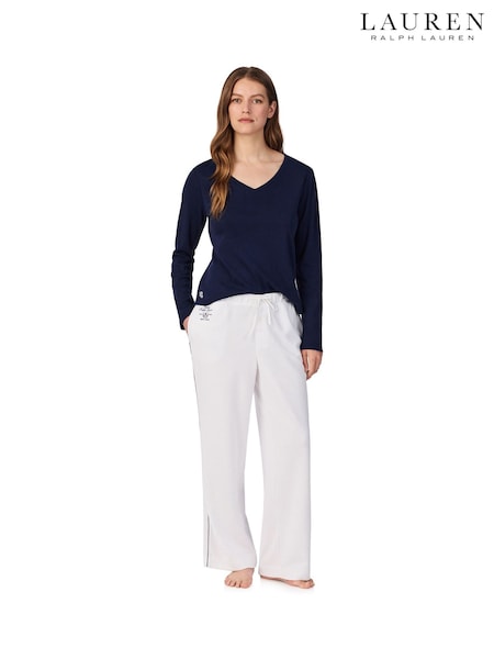 לבן - Lauren Ralph Lauren Cotton Waffle Sleep Trousers