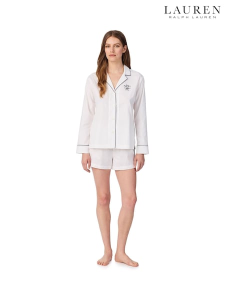 Blanco - Conjunto de pijama tipo bóxer y top de manga larga de Lauren Ralph Lauren