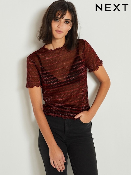 Red Sheer Metallic Sparkle Short Sleeve T-Shirt (916045) | €4