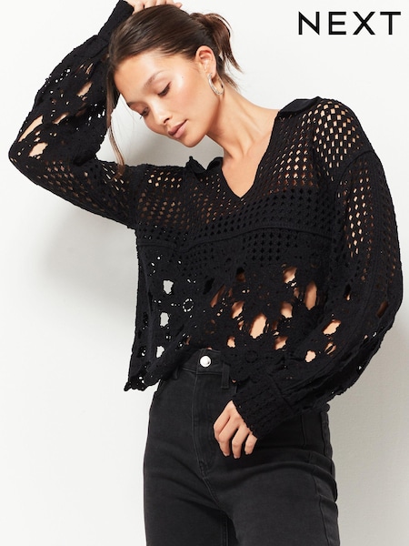 Black Polo Neck Long Sleeve Crochet Scalloped Detail Jumper (916780) | €14