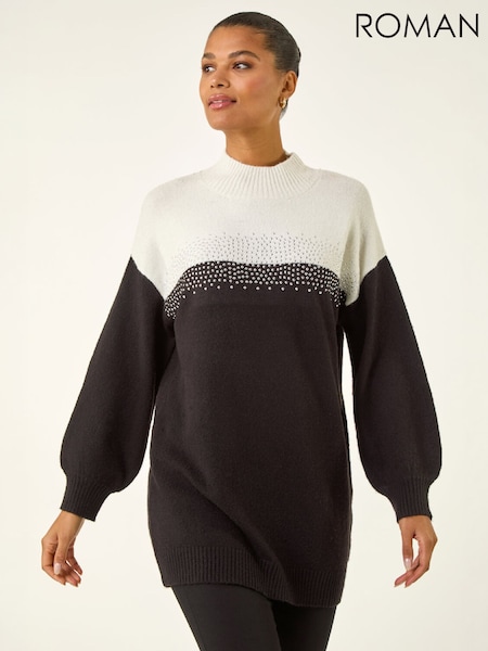 Black - Roman Colourblock Embellished Longline Jumper