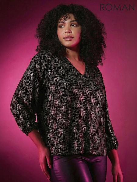 Metallic - Roman Curve Glitter Sparkle Tunic Top