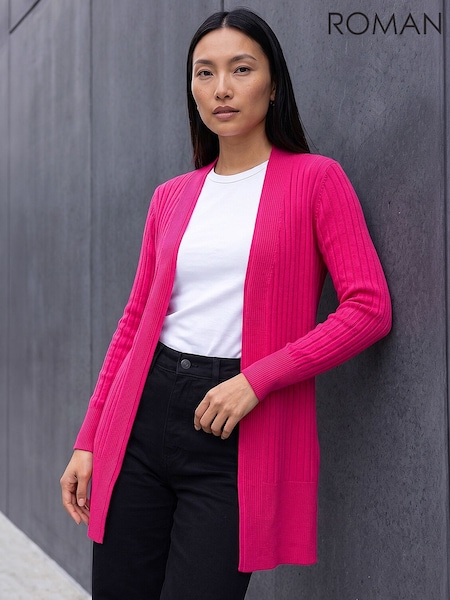 Pink - Roman Longline Stretch Ribbed Cardigan