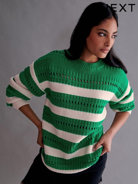 Green and Ecru Cream Stitch Detail Stripe Long Sleeve Jumper (917026) | €23