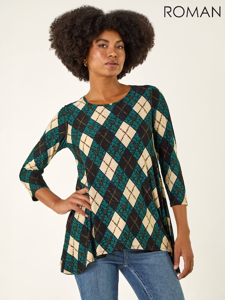 Blue - Roman Jacquard Print Tunic Top