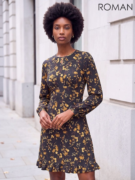 Yellow - Roman Floral Print Frill Stretch Dress