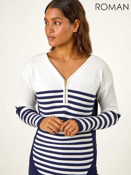 White - Roman Stripe Zip Front Ribbed Knit Jumper