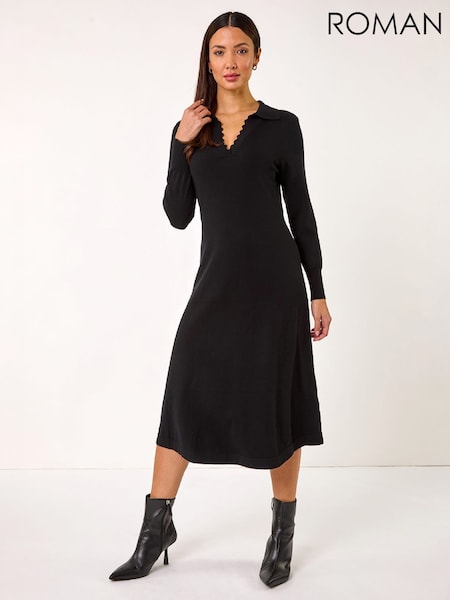 Black - Roman Scallop Detail Knitted Midi Dress
