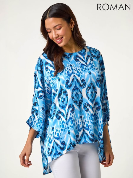 Blue - Roman Ikat Print Tunic Top