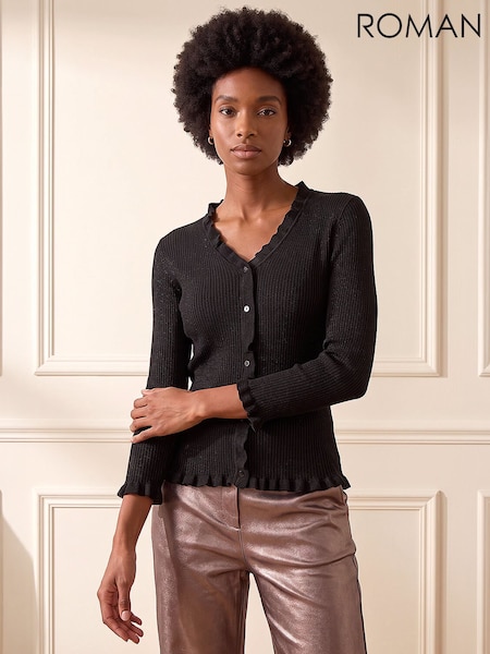 블랙 - Roman V-neck Ruffle Knit Top