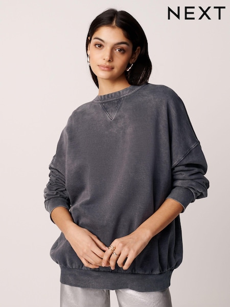 Charcoal Grey Oversized Relaxed Fit Longline Washed Crew Neck Sweatshirt (917512) | €10