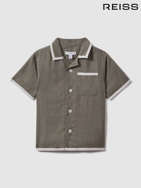 Reiss Khaki/White Vitan 13-14 yrs Linen Contrast Cuban Collar Shirt (917617) | €70
