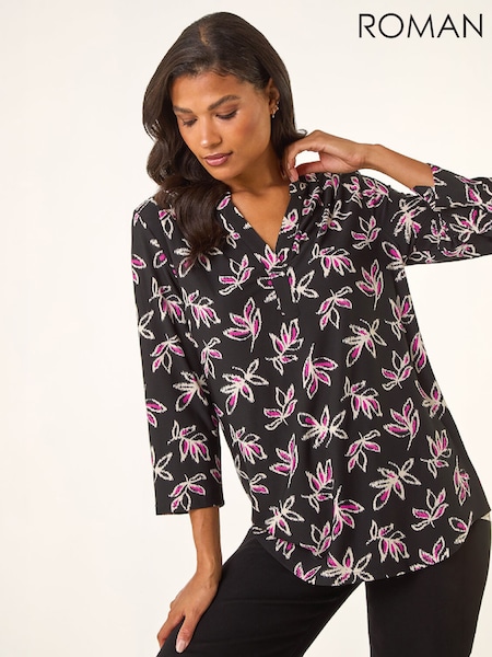 Black - Roman Abstract Print V-neck Stretch Top